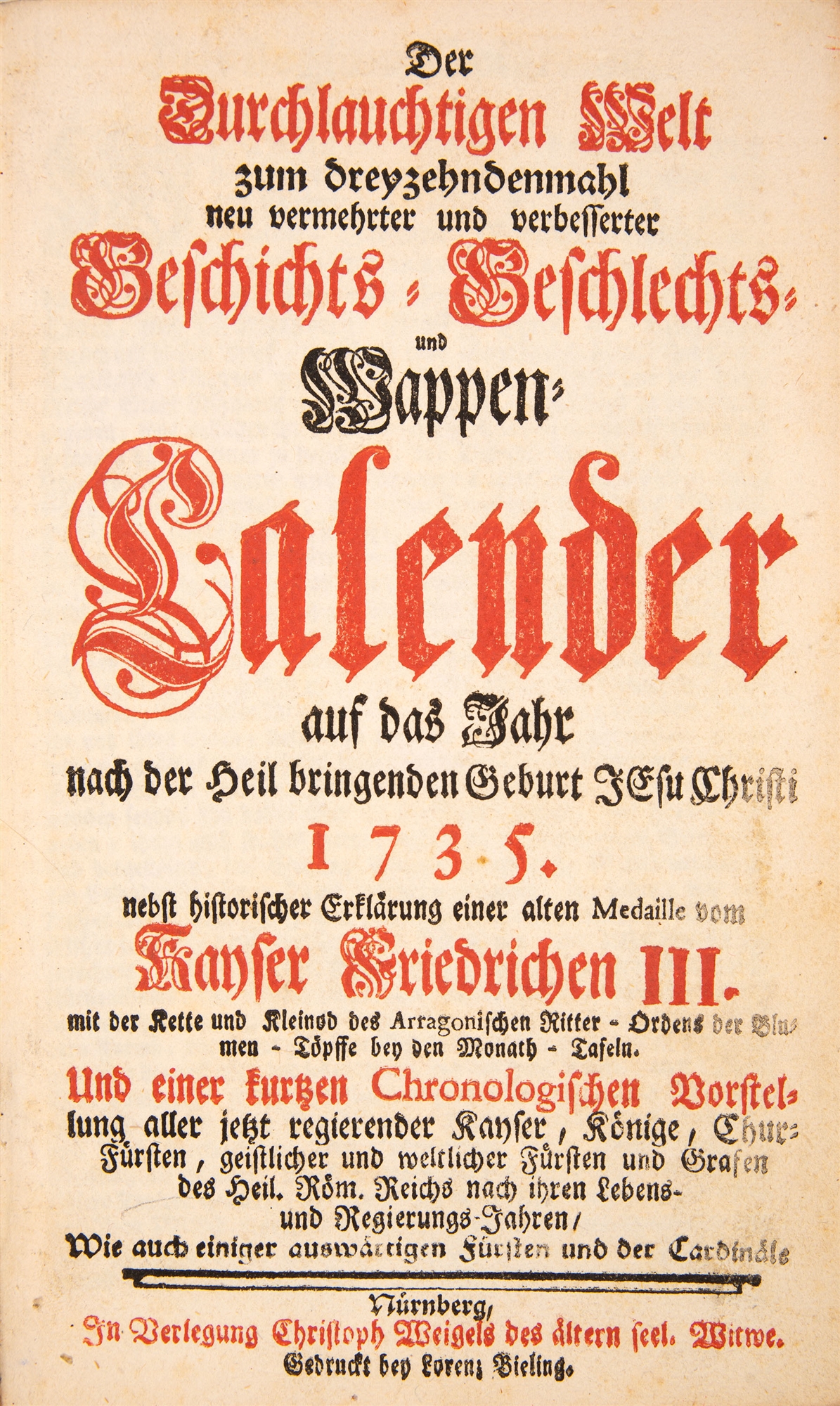 Geschichts- Geschlechts- und Wappen-Calender auf das Jahr 1735. Nürnberg (1734).