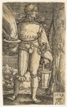 Heinrich Aldegrever. Fußsoldat mit Feuerschale und Eimer. 1529. Kupferstich.
