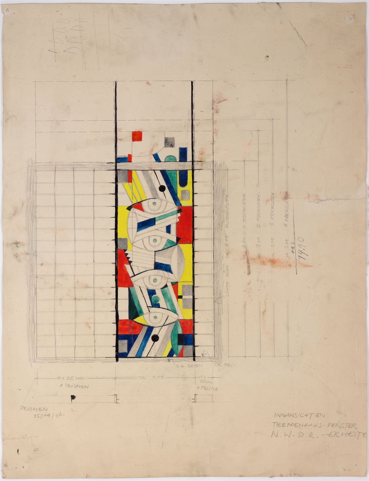 Georg Meistermann. Innenansichten Treppenhaus-Fenster... Glasfensterentwurf.