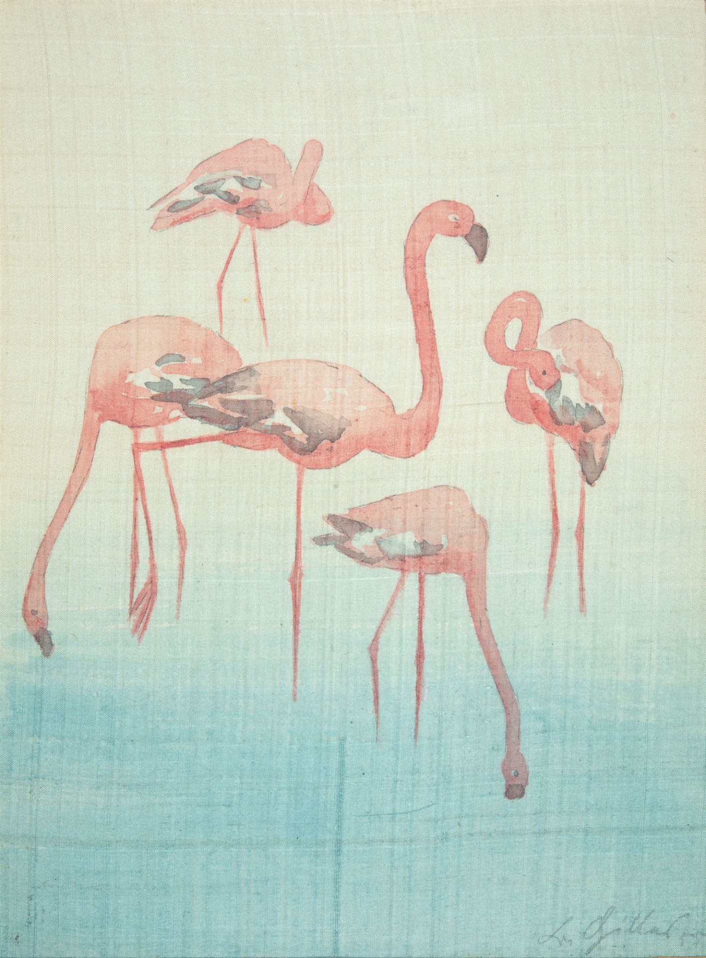 Barthel Gilles. Tier-Studie, fünf Flamingos. Aquarell auf Seide.