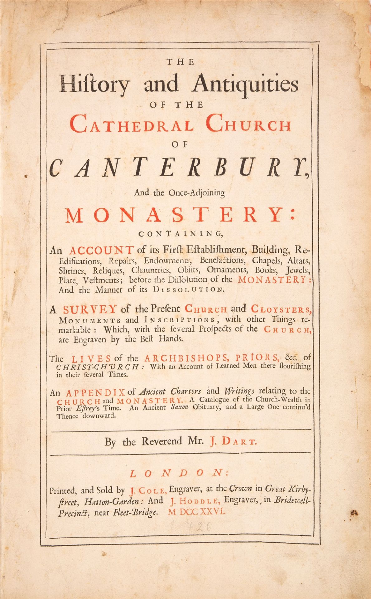 J. Dart, The History and Antiquities of the Cathedral Church of Canterbury. London 1726. - Image 2 of 3