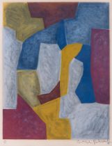 Serge Poliakoff. Komposition in Karminrot, Gelb, Grau und Blau. 1959. Farblithographie auf Velin.