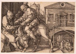 Heinrich Aldegrever. Der barmherzige Samariter bezahlt den Gastwirt. 1554. Kupferstich.
