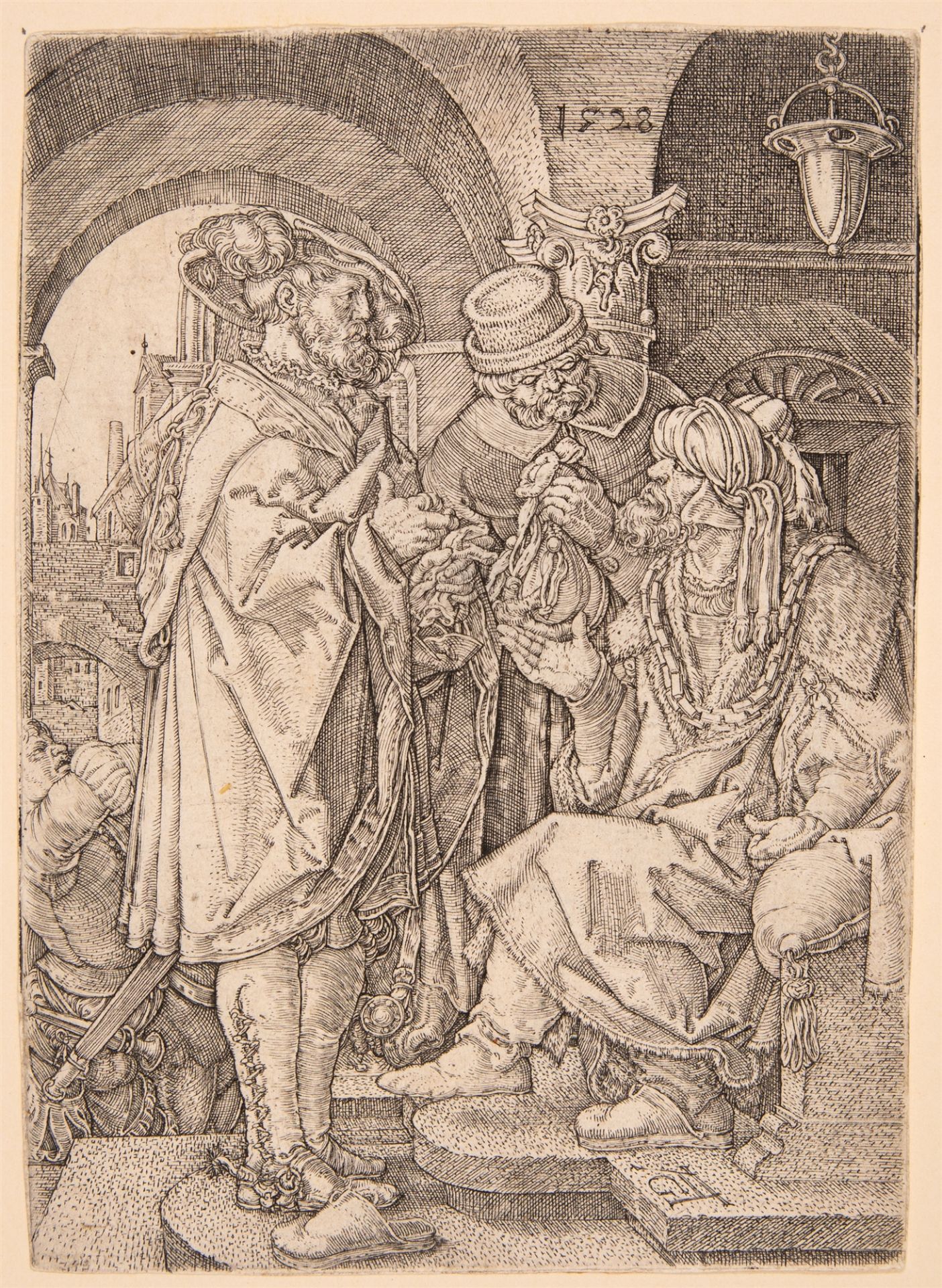 Heinrich Aldegrever. Der verlorene Sohn bittet um sein Erbe und reist ab. 1528. Kupferstich.