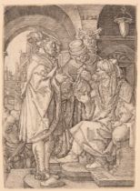 Heinrich Aldegrever. Der verlorene Sohn bittet um sein Erbe und reist ab. 1528. Kupferstich.