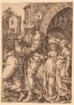 Heinrich Aldegrever. Lot und sein Familie fliehen aus Sodom. 1555. Kupferstich.