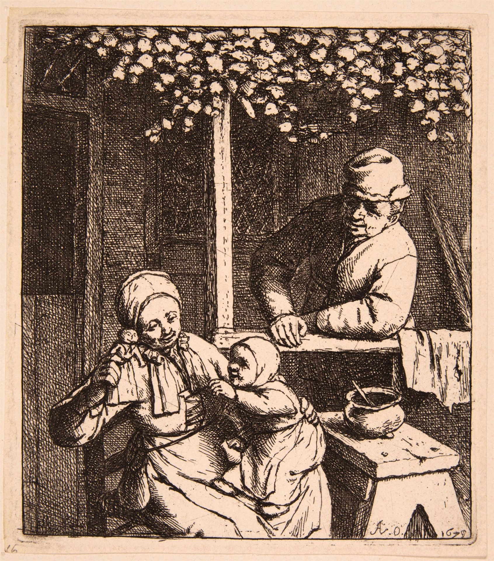 Adriaen van Ostade. Die verlangte Puppe. 1679. Radierung.