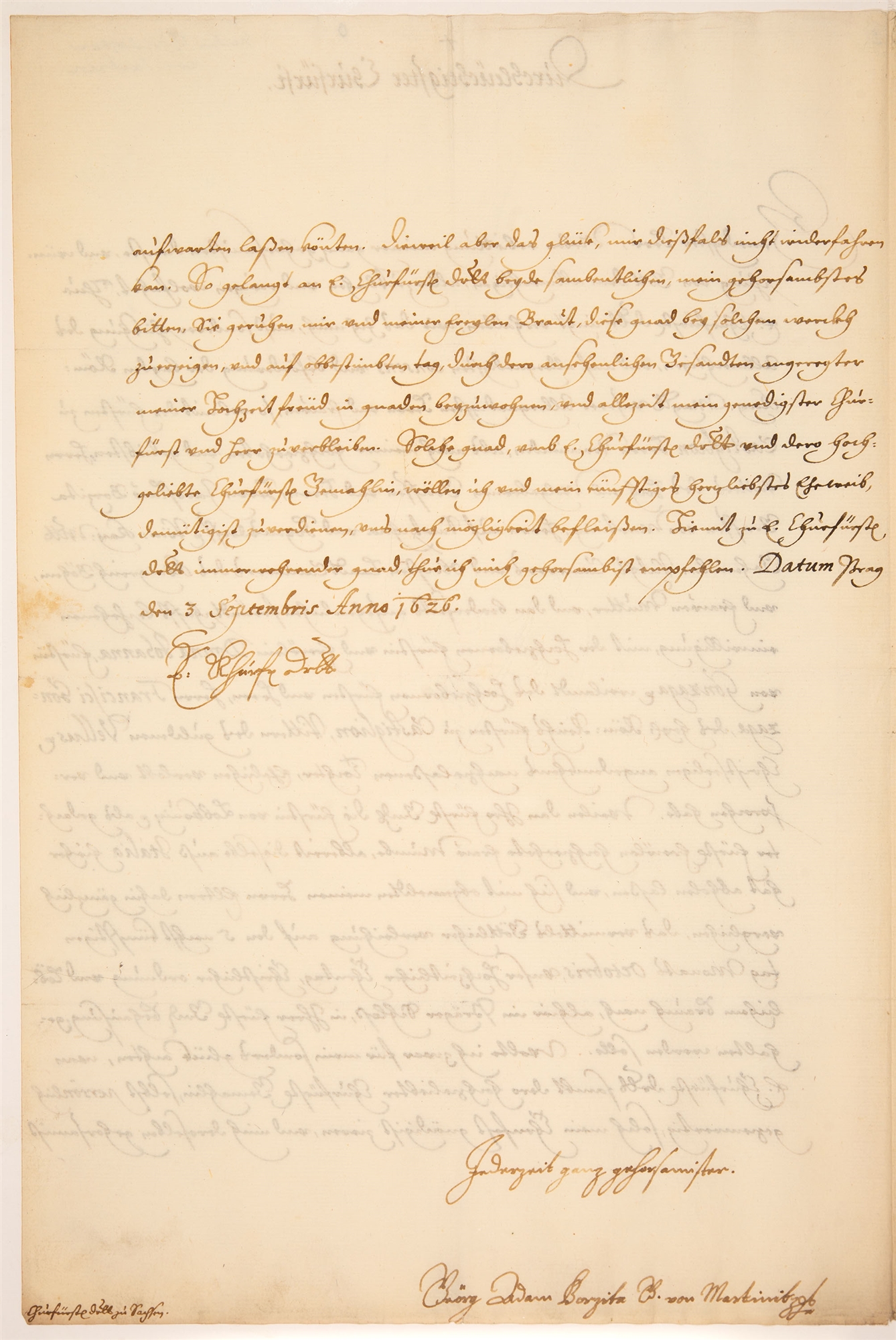 Georg Borsita von Martinitz. Eigenh. Brief mit U. Prag, 3.IX.1626.