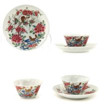 A Series of 3 Famille Rose Cups and Saucers