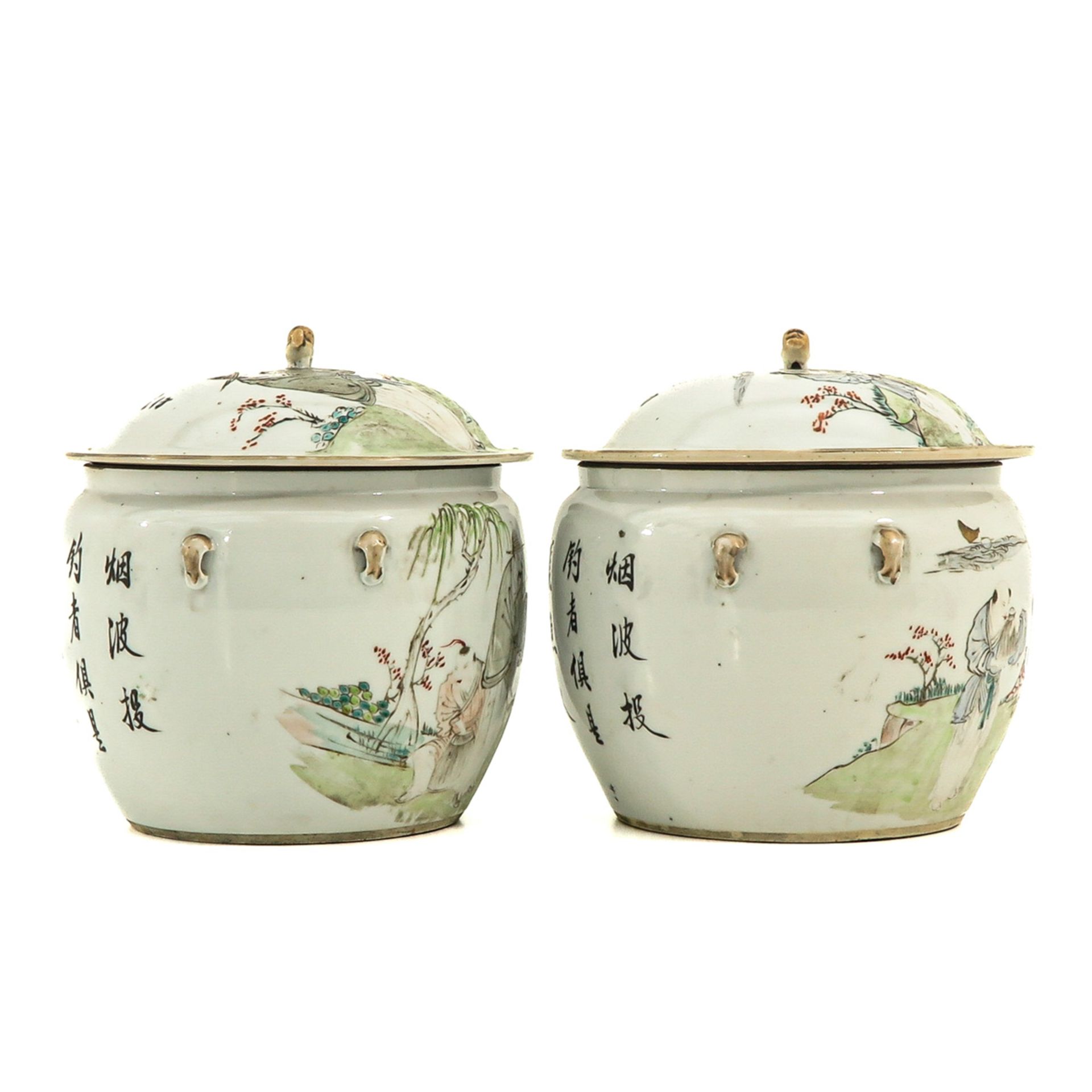 A Pair of Qianjiang Cai Decor Jars with Covers - Image 4 of 10