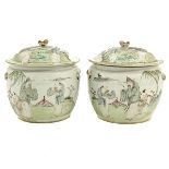 A Pair of Qianjiang Cai Decor Jars with Covers