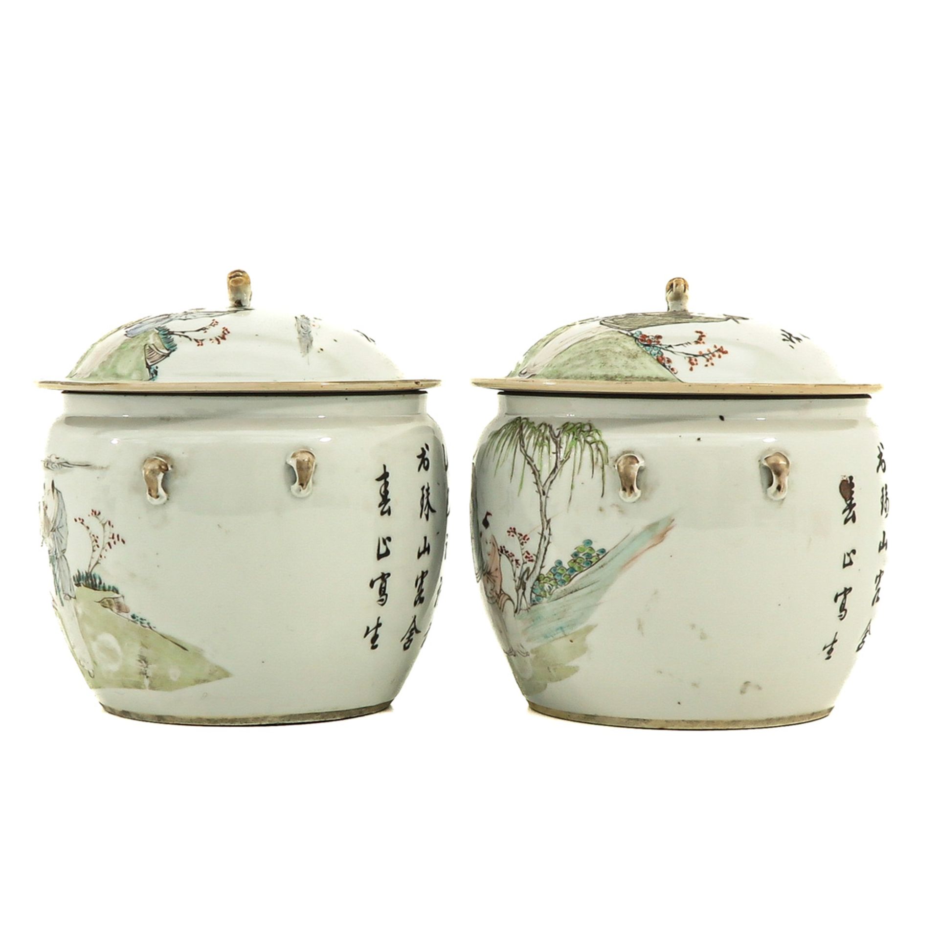 A Pair of Qianjiang Cai Decor Jars with Covers - Image 2 of 10