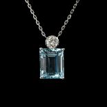 A Necklace with Emerald Cut Aquamarine and Diamond Pendant