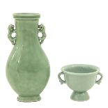 A Celadon Vase and Stemmed Cup