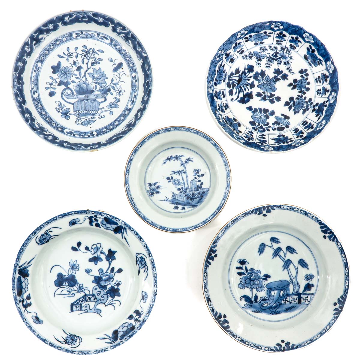 A Collection of 5 Blue and White Plates