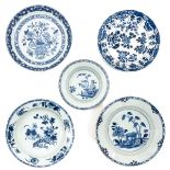 A Collection of 5 Blue and White Plates