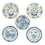 A Collection of 5 Blue and White Plates