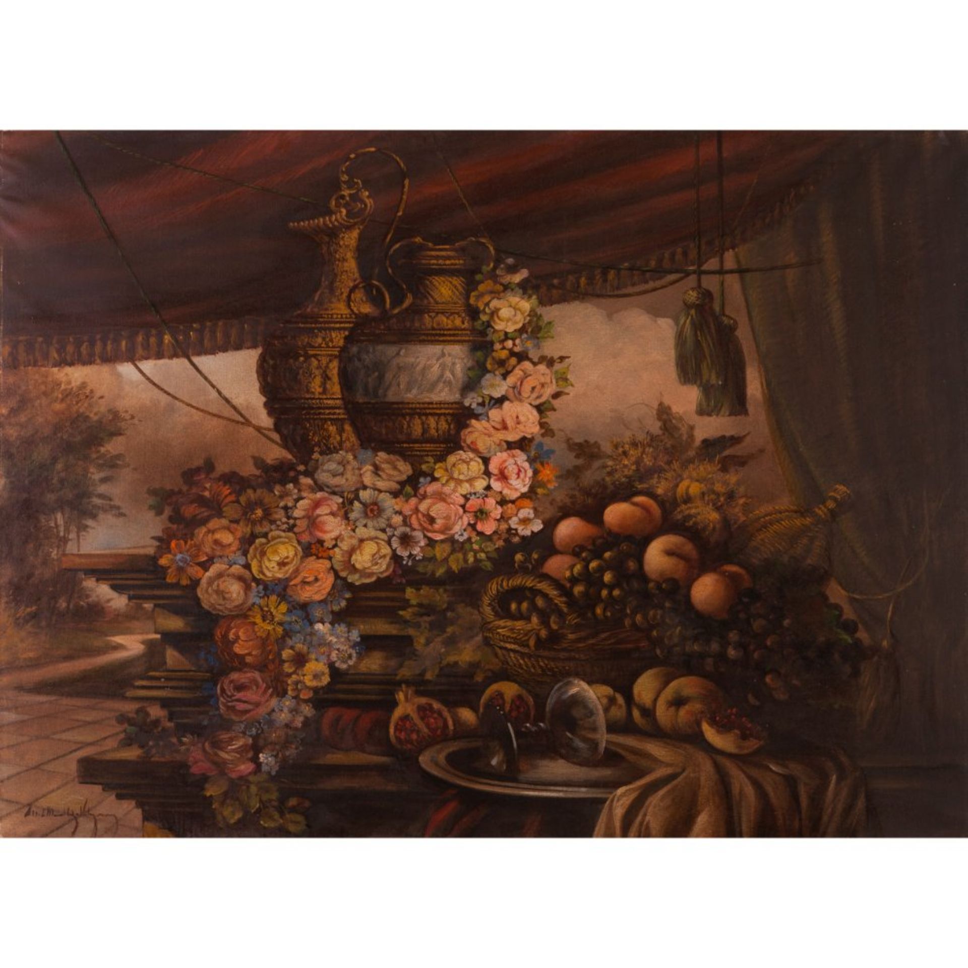 Still life with flowers and fruits