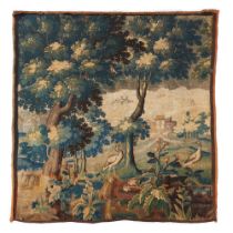 An Aubusson tapestry Polychrome wools Representing a landscape with vegetation, birds, and a cast