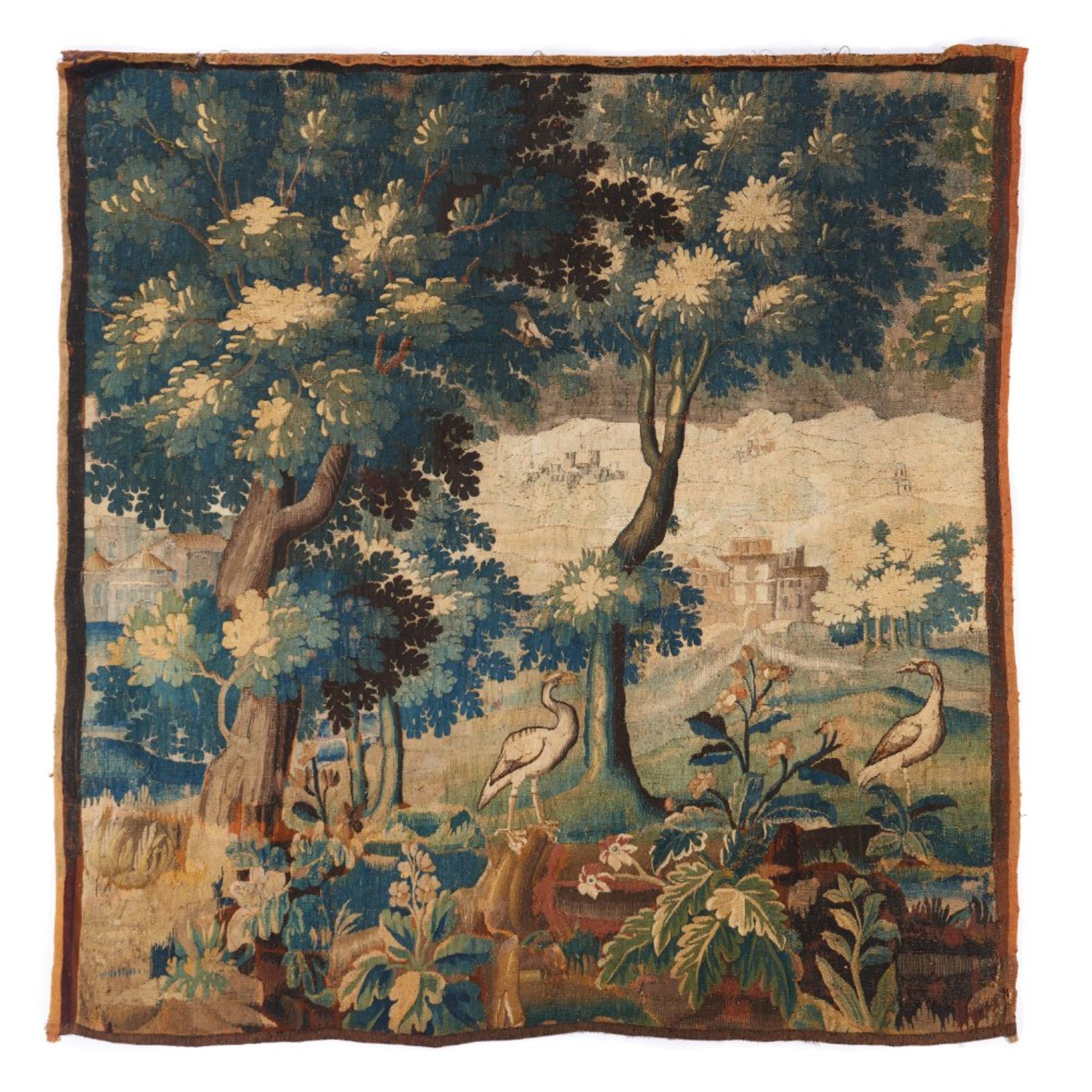 An Aubusson tapestry
Polychrome wools
Representing a landscape with vegetation, birds, and a castle
