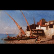 Tony de Bergue (França, 1820-1890) A view of a beach with boats, buildings and figures with the Towe