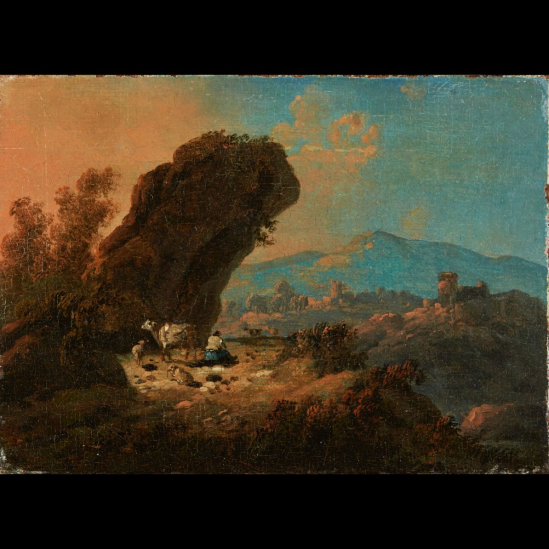 Jean Pillement Attrib. (1728-1808) Landscape with bridge and figures and Landscape with figure, catt - Image 2 of 2
