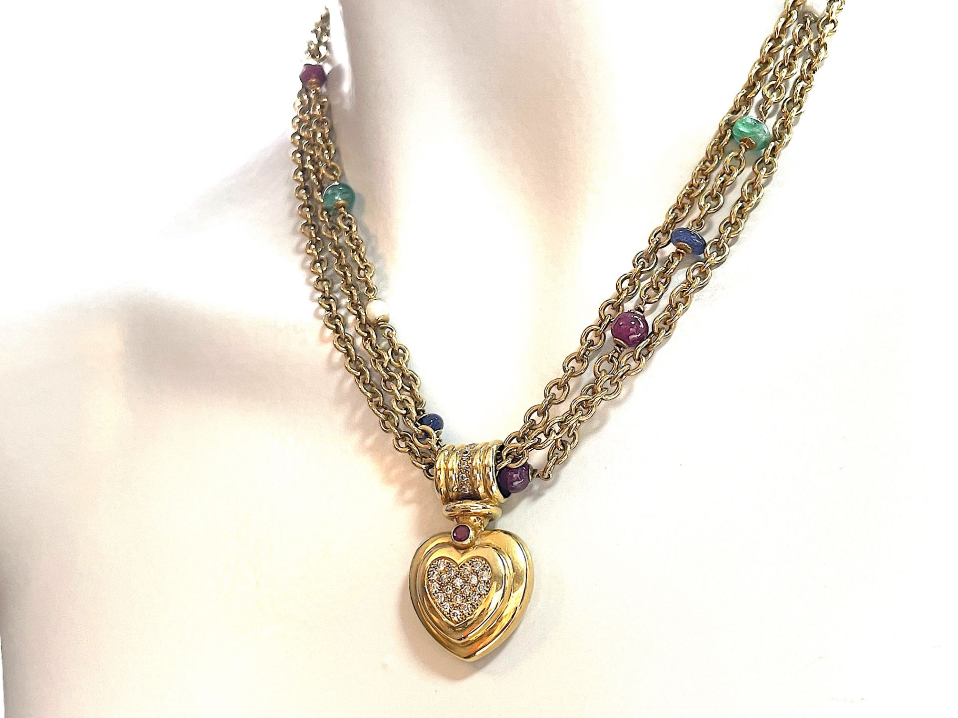 3 strands gemstone necklace with diamond heart