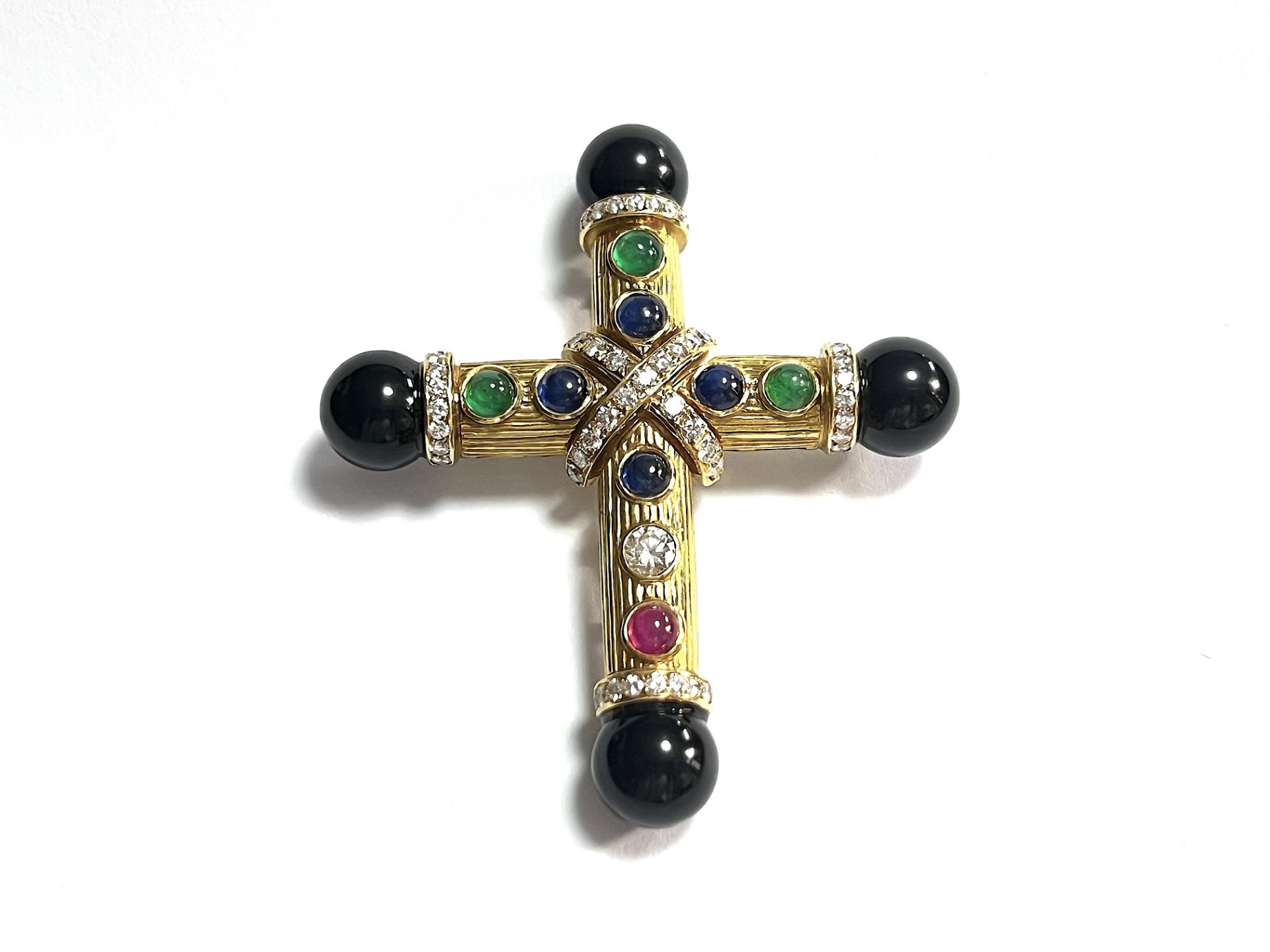 Magnificent cross pendant with onyx, diamonds and rubies, sapphires and emeralds