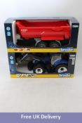 Bruder Holland Tractor T7.315 + Front Loader, Blue, and Krampe Tandem-Halfpipe Tipping Trailer, Red,
