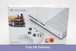 XBox One S, 500GB, White, No Cables. Box damaged, not tested