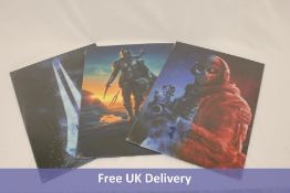 Three Displate Metal Posters to include 1x Mandalorian, 1x The Energy Sword, 1x Fallout, Size 12.6"