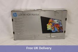 HP U28 4K HDR Monitor, Silver, Size 28". Used, Not Tested. Box damaged