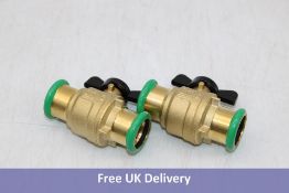 Two D172A.PF 1/2" to 2" Integral Ended Press-Fit Ball Valves, DZR Brass, Gold/Green