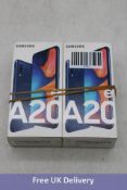 Two Samsung A20e Android Mobile Phones, Blue, 5.8", 3GB/32GB, Dual Sim, SM-A202F/DS. Brand new, seal