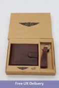 Five Morgan Motor Vintage Genuine Leather Wallet Gift Set with Loop Keyring, Tan