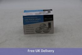 Eight packs of Brilliant Evolution Battery Operated LED Puck Lights with Remote, White, 3 Per Pack
