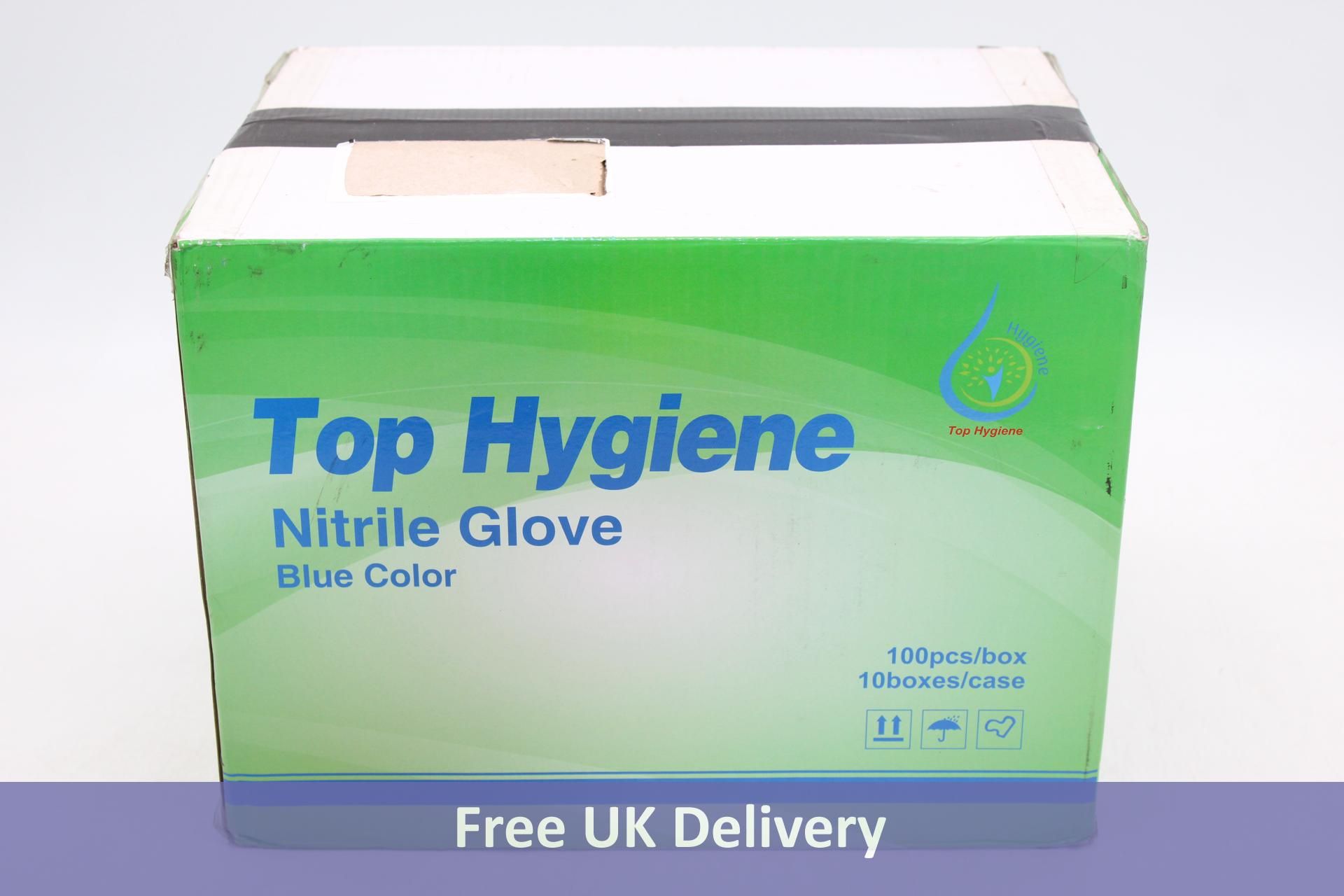 Ten boxes of Top Hygiene Nitrile Gloves, Blue, Size M, 100 Gloves per Box. Box damaged