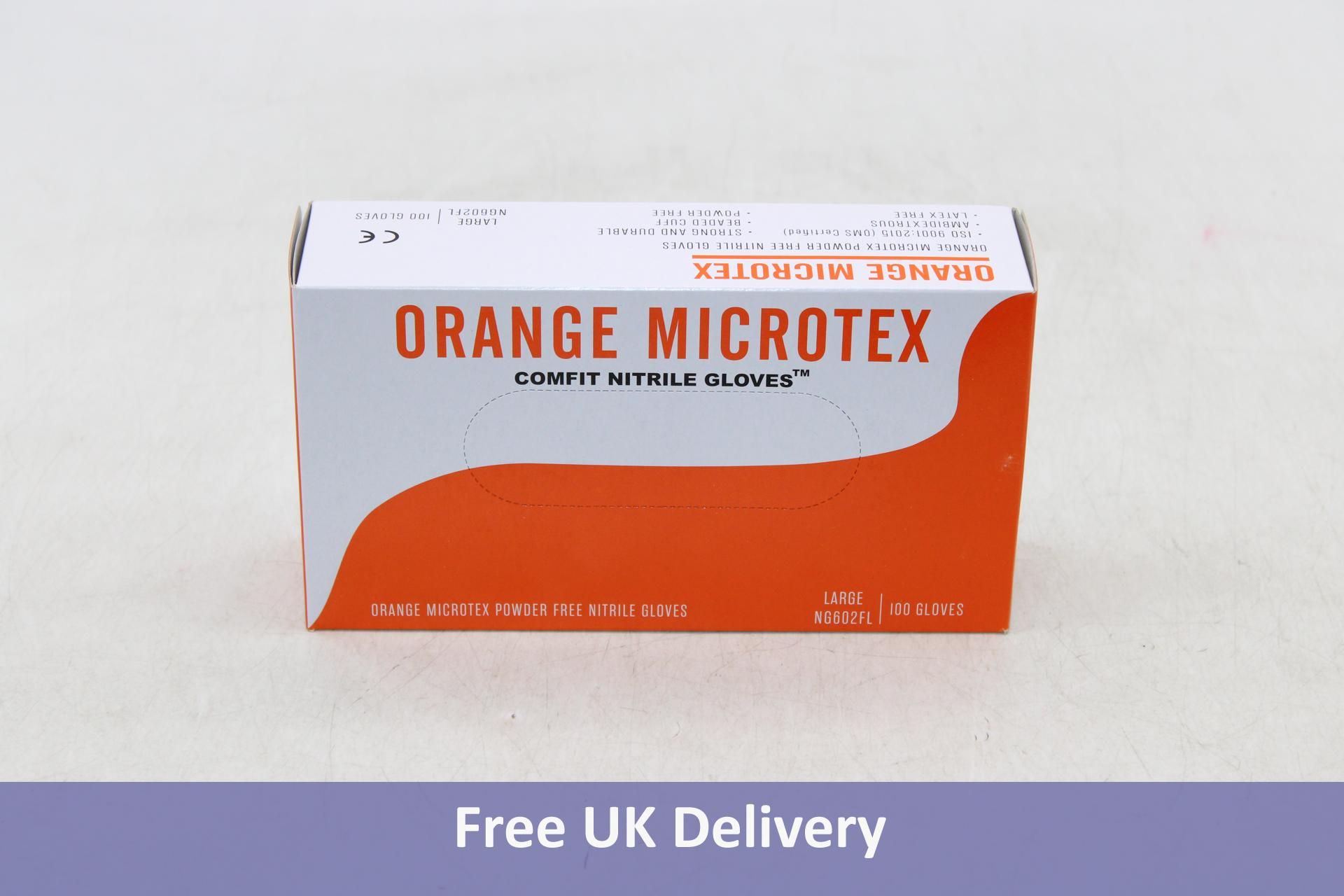 Ten boxes Orange Microtex Nitrile Disposable Gloves, 100 per Boxes, Orange, Size L. Box damaged