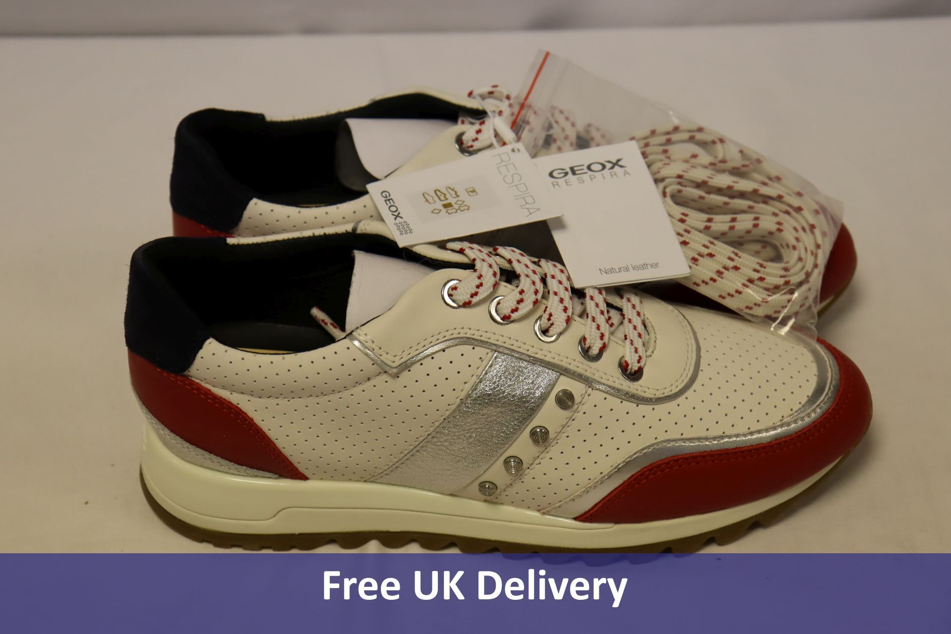 Geox Women's D Tabelya A Trainers, Off White/Red, UK 5. Box damaged, no lid