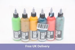 Six Solid Ink Tattoo Ink, 4oz, Include 1x Green Apple, 1x Ochre, 1x El Dorado, 1x Petroleum, 1x Cora