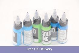 Six Solid Ink Tattoo Ink, 1oz, Include 2x Nice Blue, 2x Green Apple, 2x Baby Blue, Expiry Date 07/20