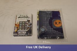 Avatar Legends items to include 2x Four Nations Cloth Map and Pai Sho Tile, 2x Dice Bags, 2x Combat