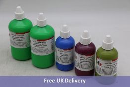 Five Bottles of Ara Acrylic Paint to include 2x Yellow Green, 500ml Per Bottle, 1x Cobalt Blue, 250m
