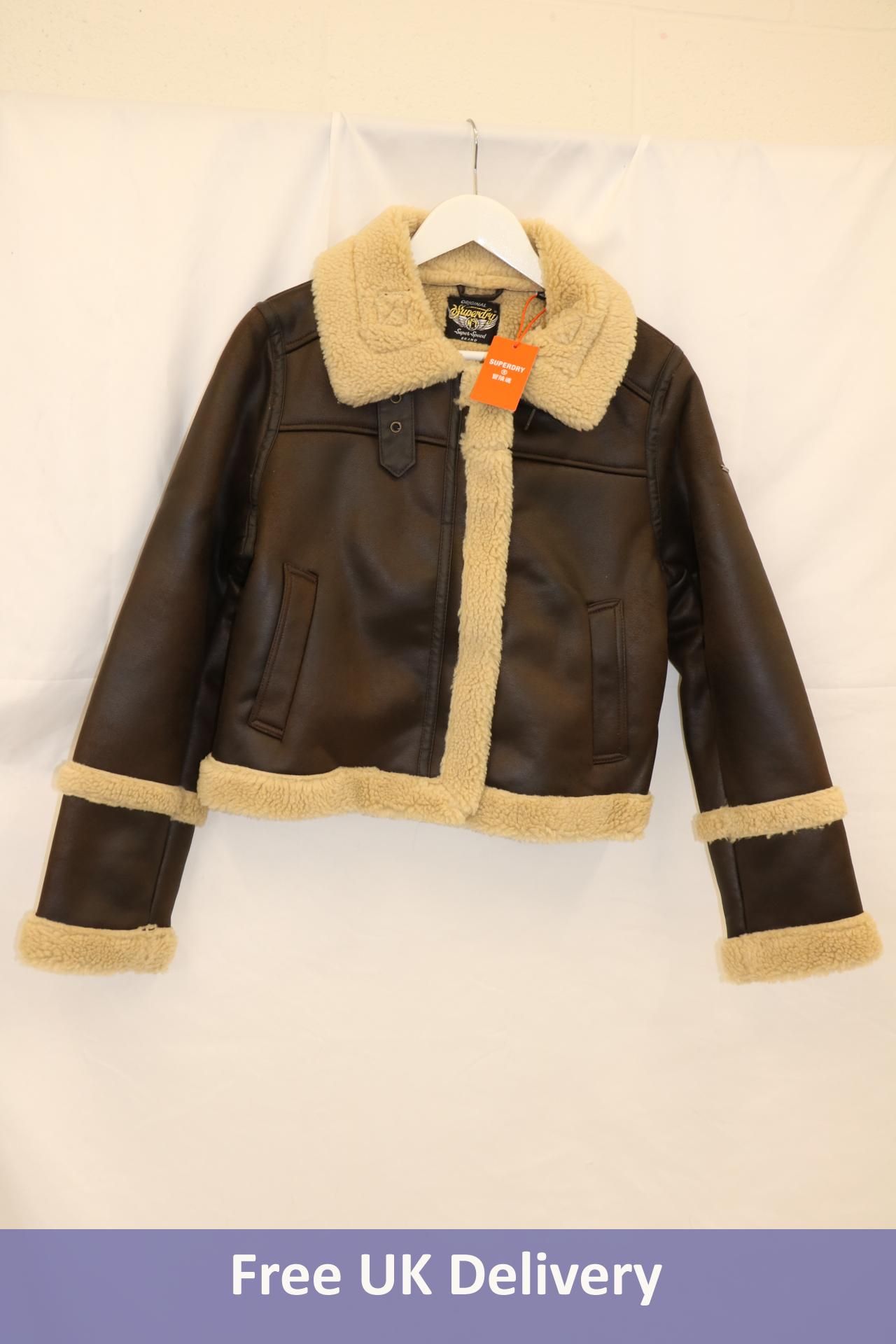 Superdry Faux Shearling Crop Leather Jacket, Dark Brown, Size M