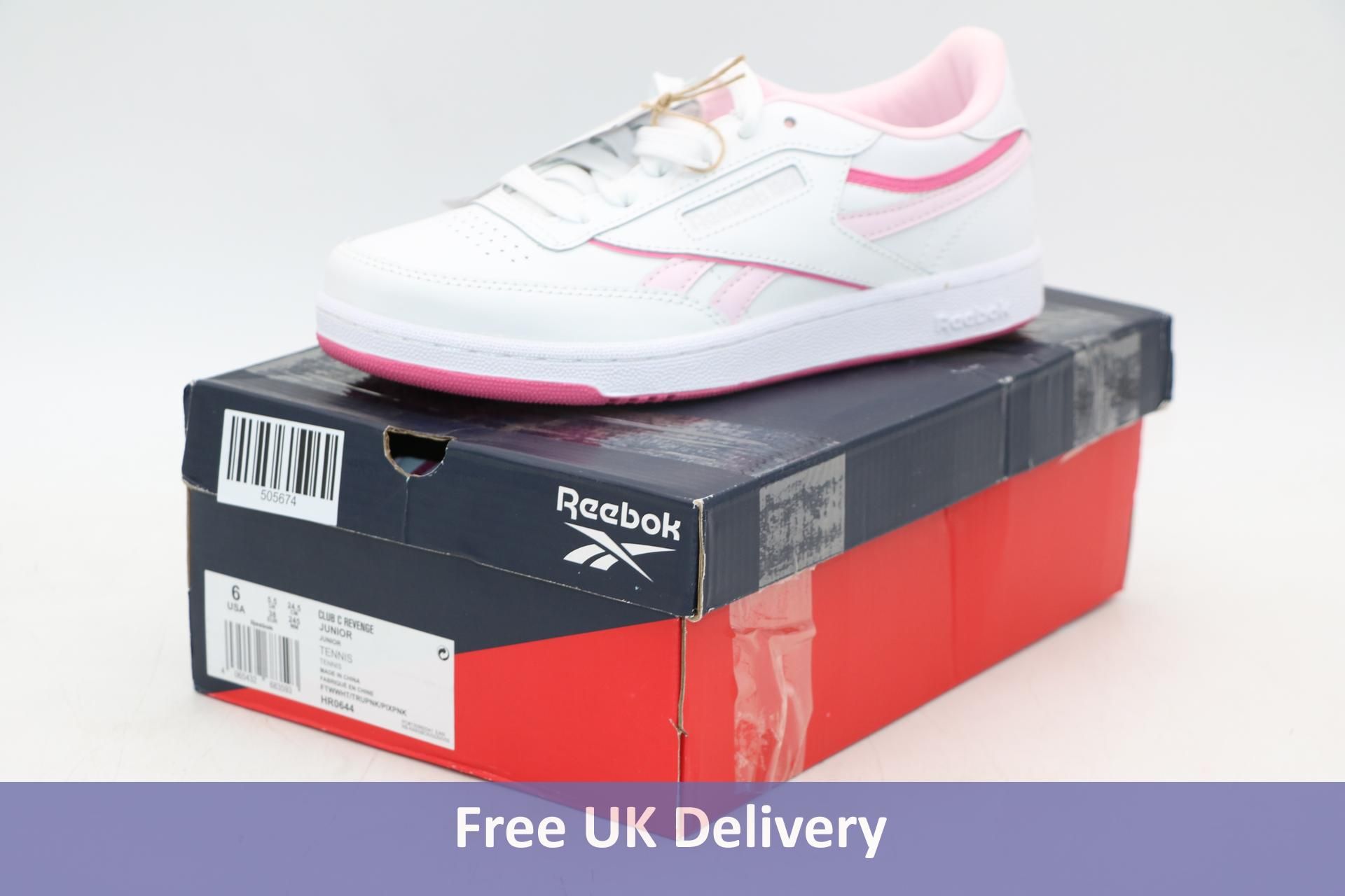 Reebok Junior Girls Club C Revenge Trainers, Pink/White, UK 5.5. Box damaged