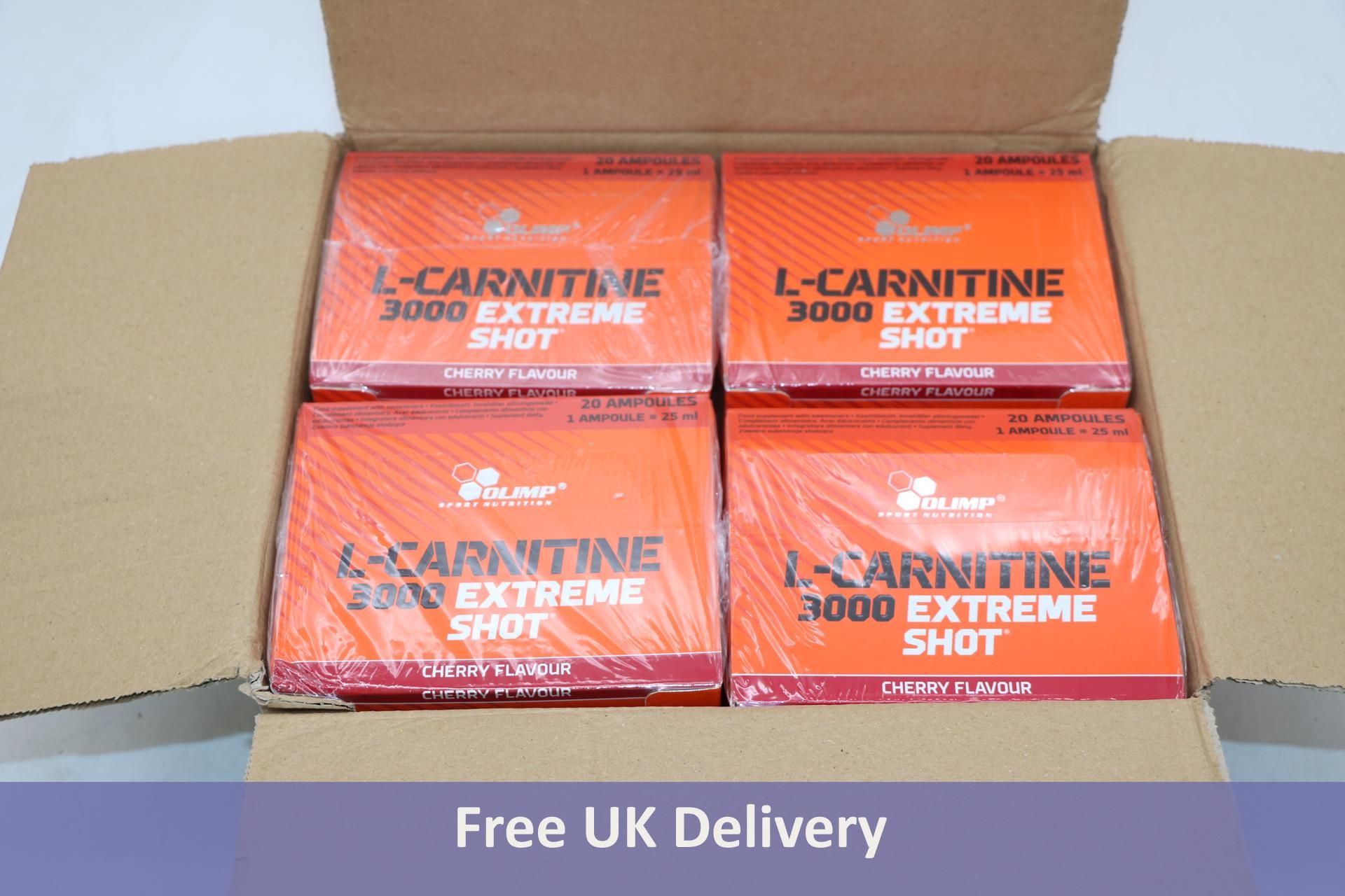 Four boxes L-Carnite 300 Extreme Shots, Cherry, 20x25ml, Expiry 08/2026