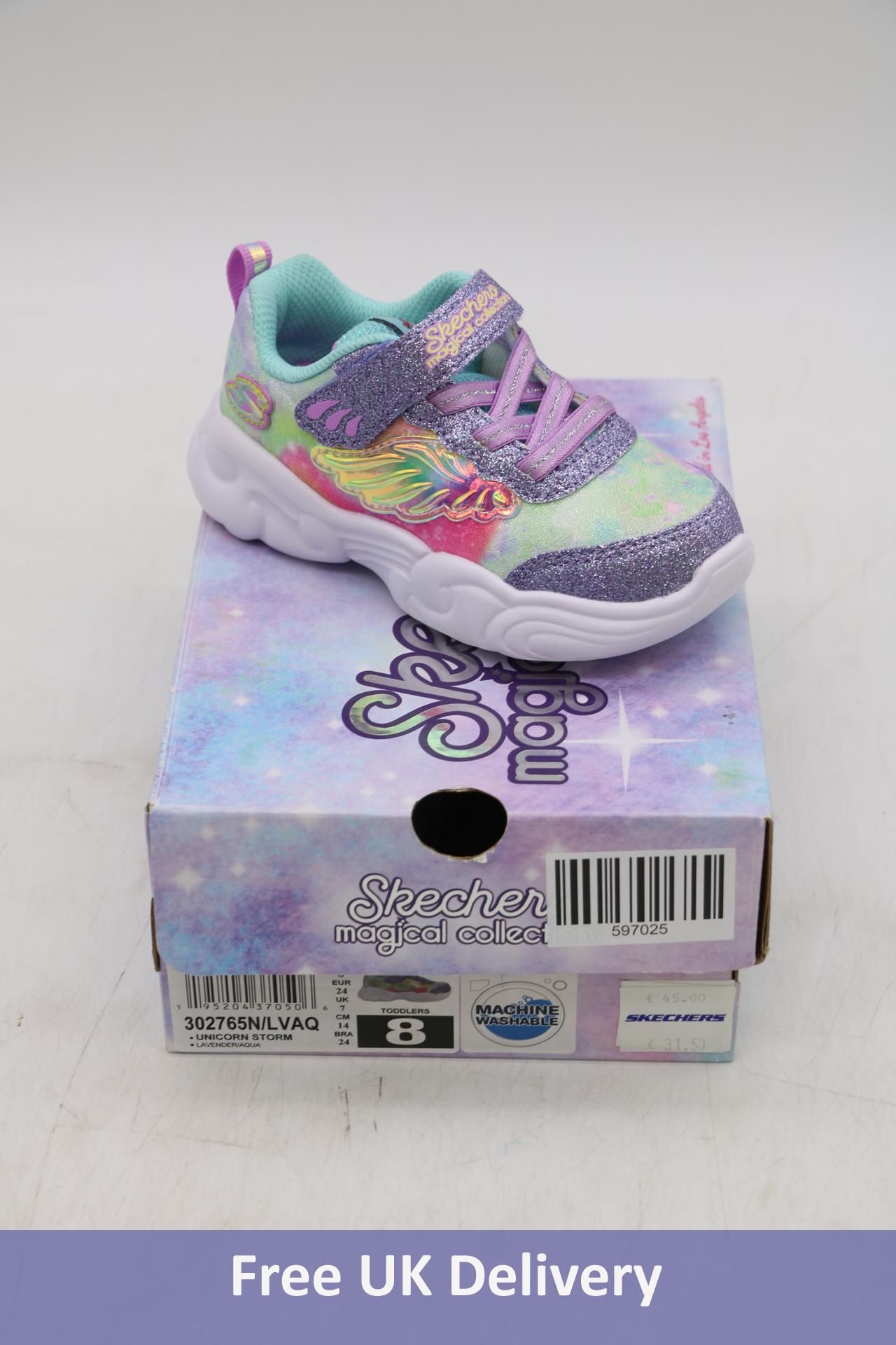 Four pairs of Skechers Kid's Magical Collection Unicorn Storm Trainers, Multicolour, UK 8