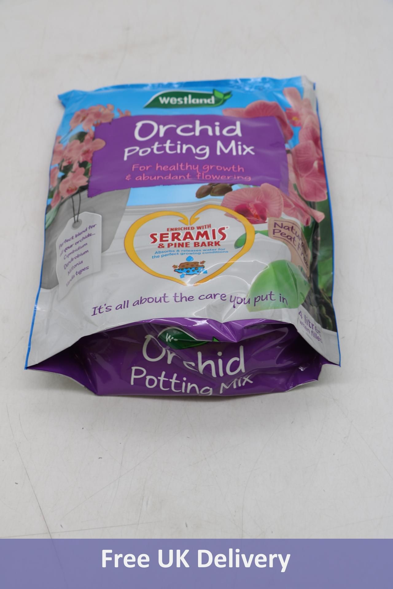 Three bags of Westland Orchid Potting Compost Mix and Enriched with Seramis, Purple/Blue, Size 4 L