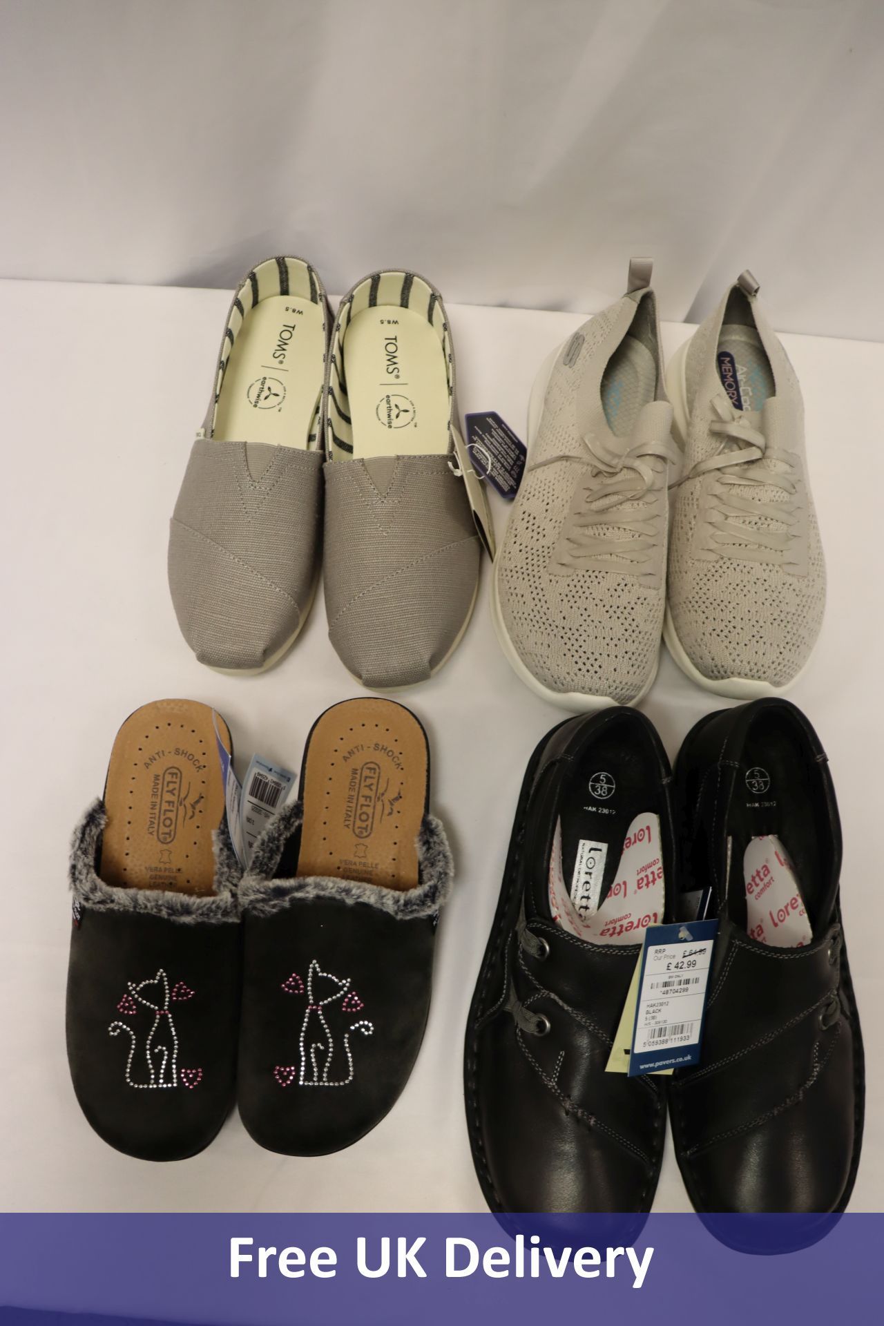 Assorted Footwear to include 1x Flyflot Cat Slipper Mules, Grey, UK 2, 1x Toms Alpargata Cupsole Sli