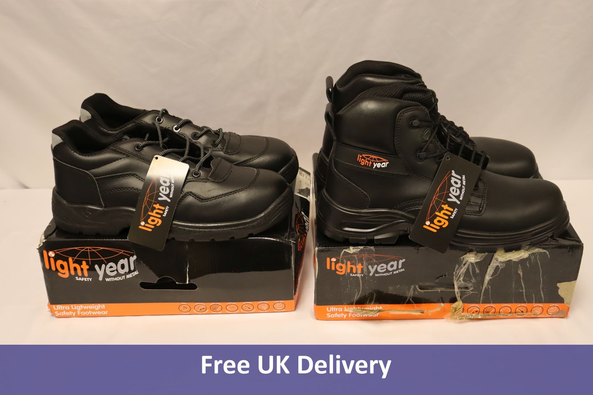 Two Light Year Safety Shoes, 1x Champion Trainers, UK 12, 1x Derby Boots, UK 11